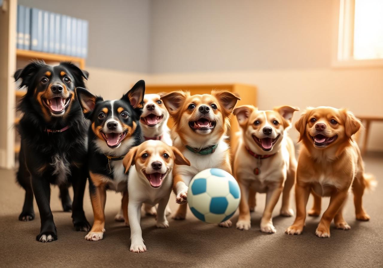 Grupo de cães brincando juntos em uma creche pet