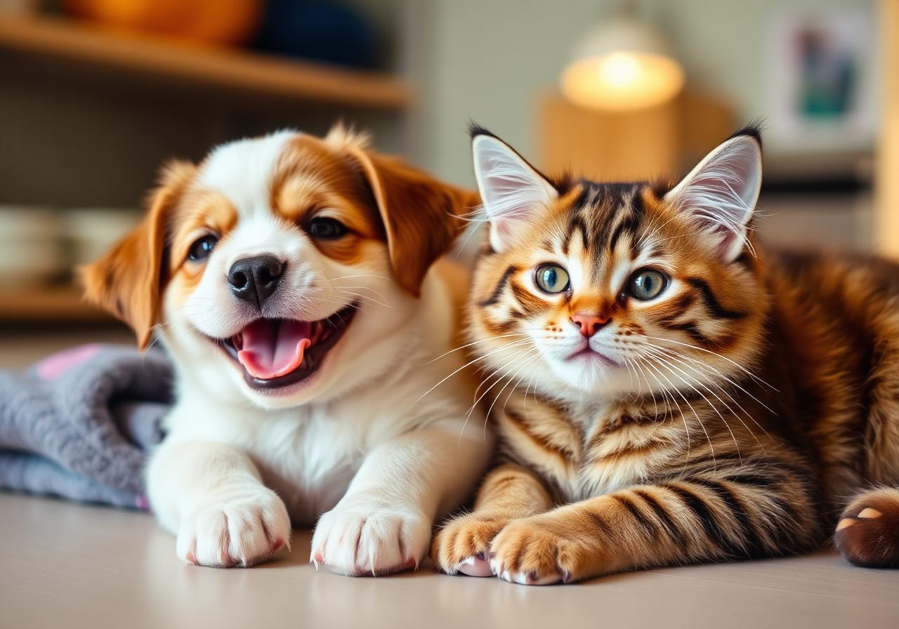 Filhote de cachorro e gato juntos em ambiente acolhedor